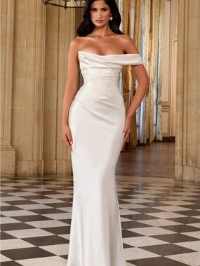 New BABYBOO Off-Shoulder White Satin Evening Gown